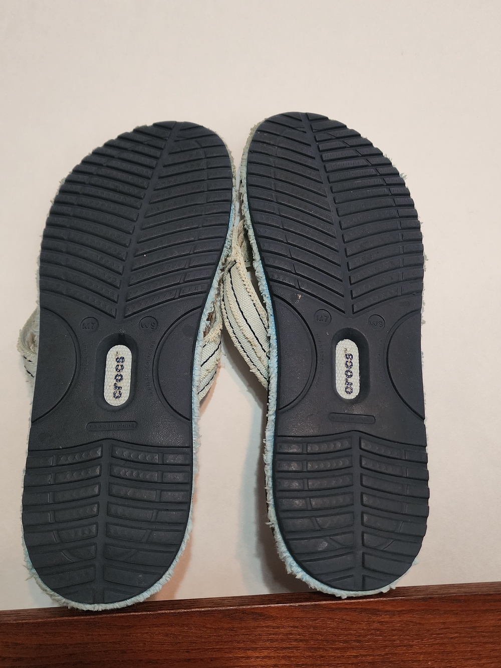 Crocs Boho Shabby Chic Sandals with Navy Soles and Light Blue Canvas Straps